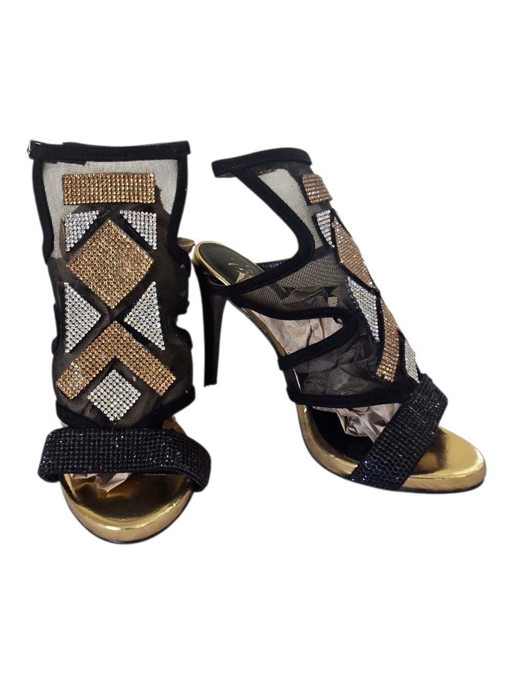 Thalia Sodi Regalo Embellished Black/Gold Mesh Heeled Sandals 5.5M - Excellent